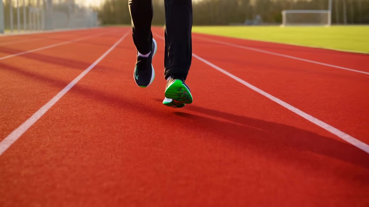 Ground-level view of lower legs and feet walking across red running track in warm golden light, with black sneakers, green soles, lane markings, shadow, and clear outdoor sport context