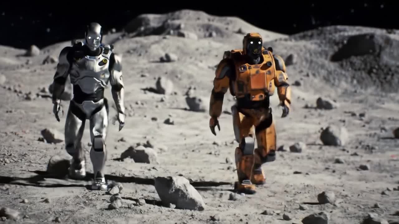 Two Futuristic Astronauts Explore the Desolate Moon Surface, Navigating Through Rocky Terrain and Mysterious Shadows Under a Starlit Sky