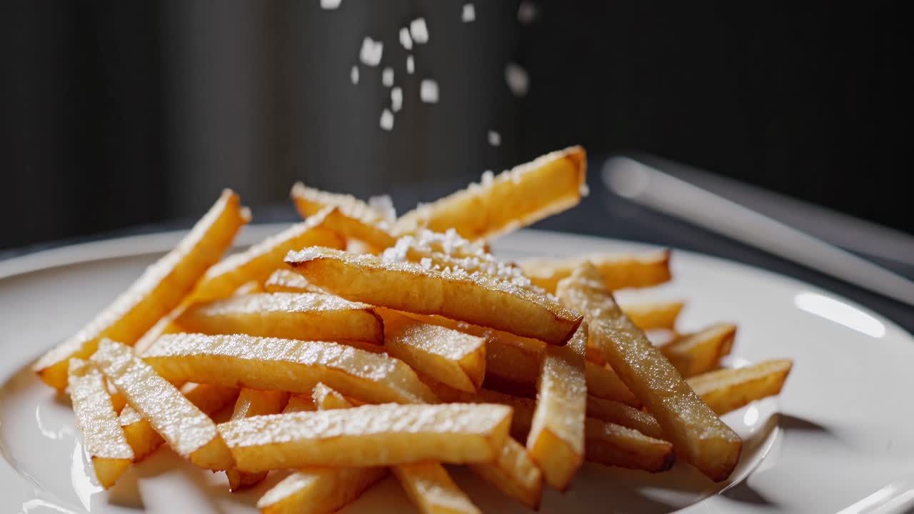 Close-up video of golden French fries on a white plate, captured from a slightly elevated angle