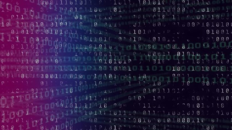Animation of digital data processing over dark background