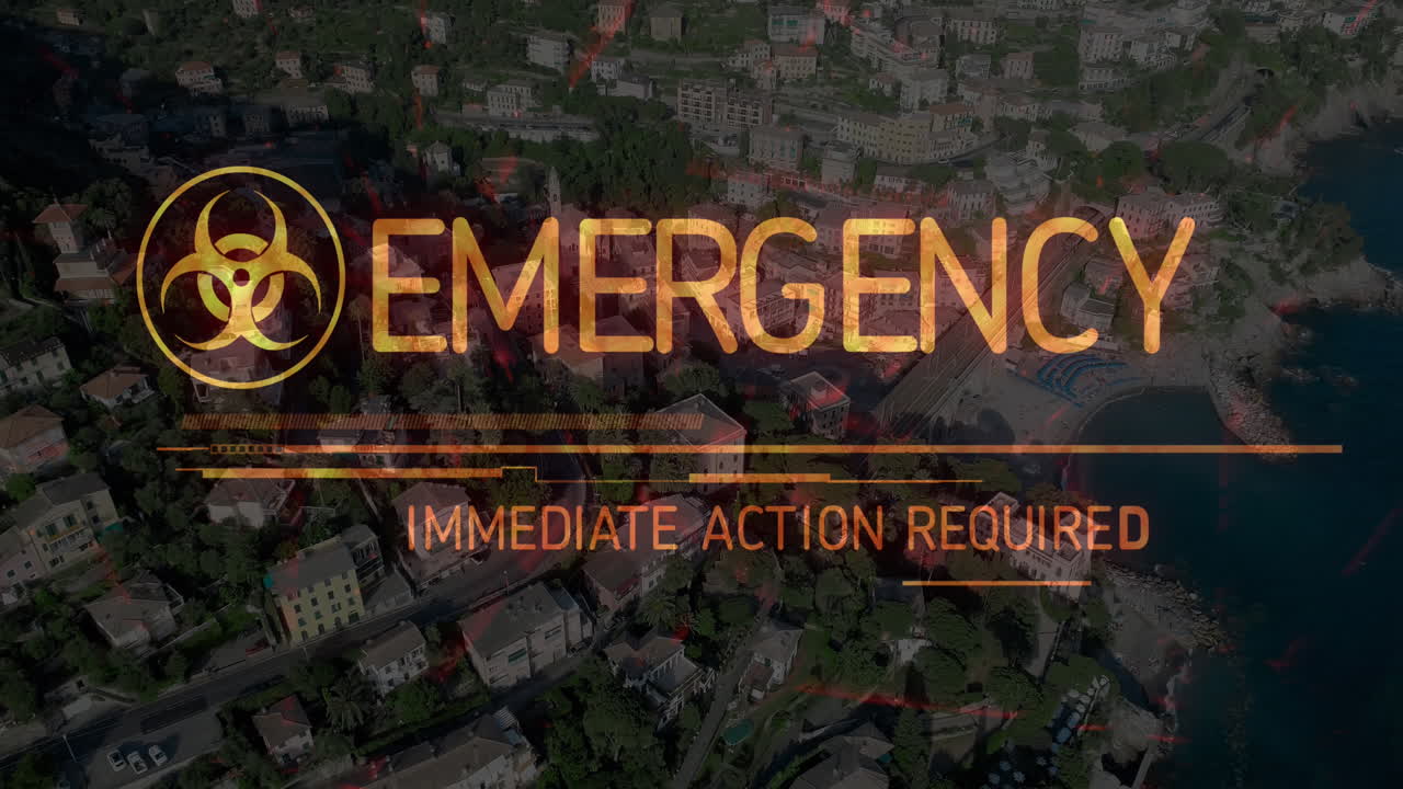 도시 풍경 위의 생물 위험 기호와 비상 텍스트의 애니메이션