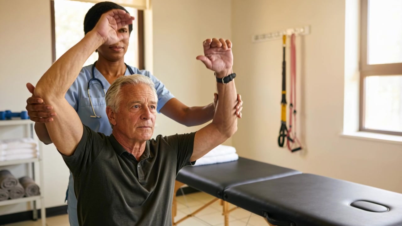 Supporting elbow, therapist in scrubs guiding man at clinic raising arms with table for rehab
