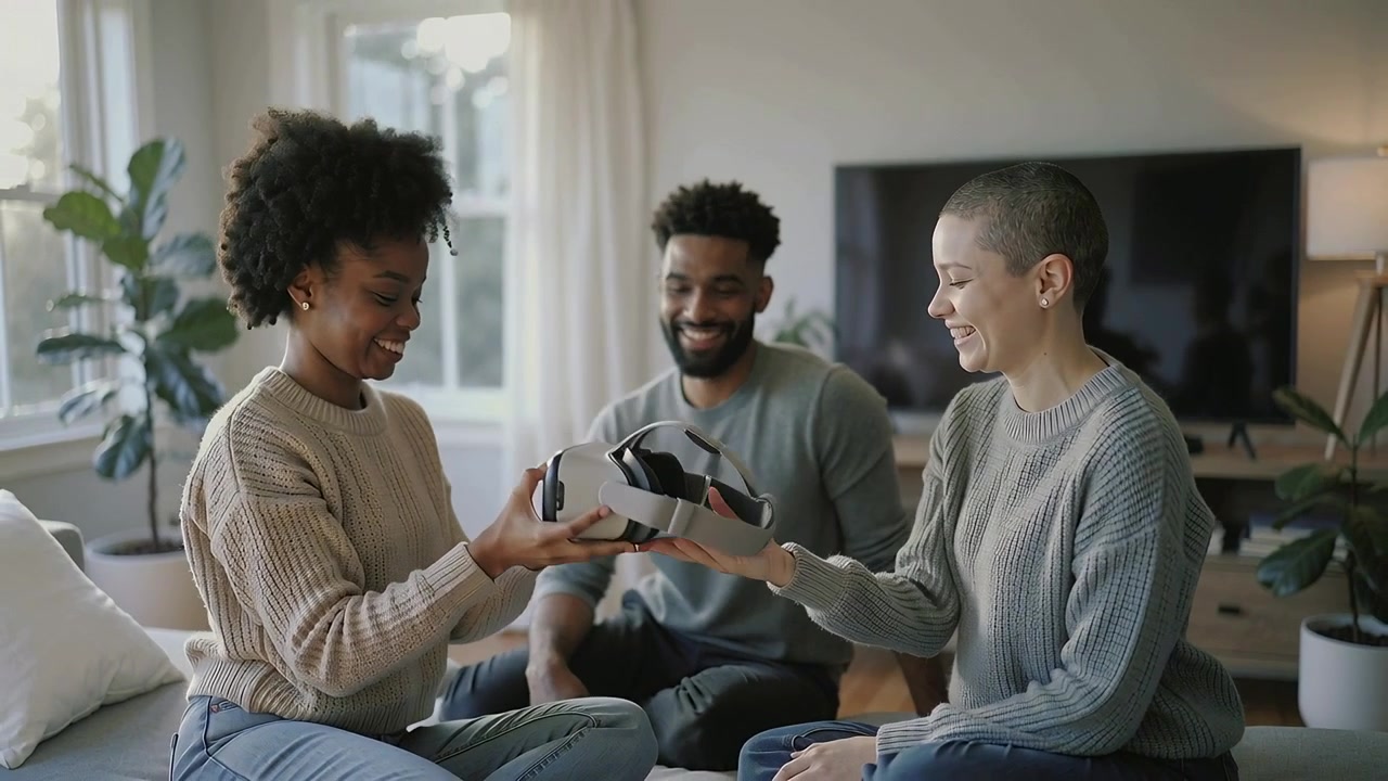 Reaching left woman removing VR headset from right woman to share in living room, wearing sweaters