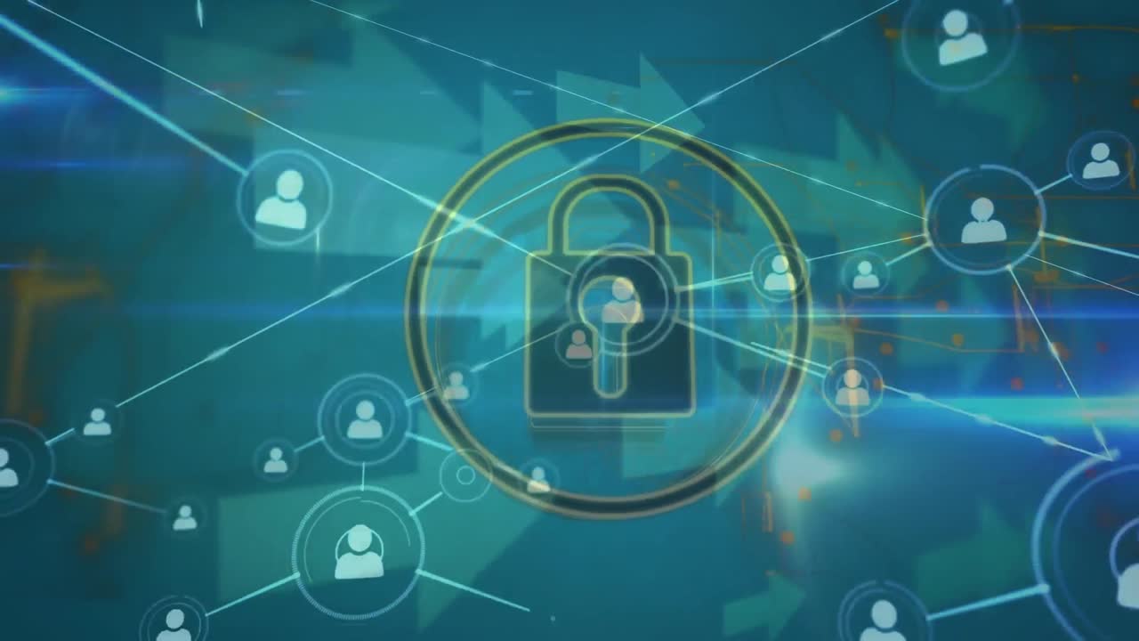 Animation of network of profile icons, arrow icons and security padlock icon against blue background