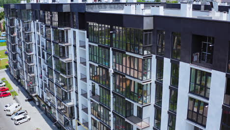 drone view of standard apartment. aerial view of the city with multi storey residential buildings