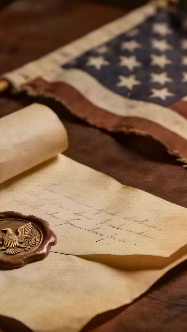Vertical video: Shifting camera focusing on parchment, wax seal and frayed US flag on wood table