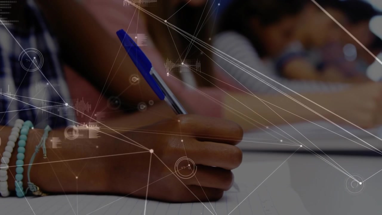 Student gripping blue pen starting writing notes for study in classroom with pulsing data nodes
