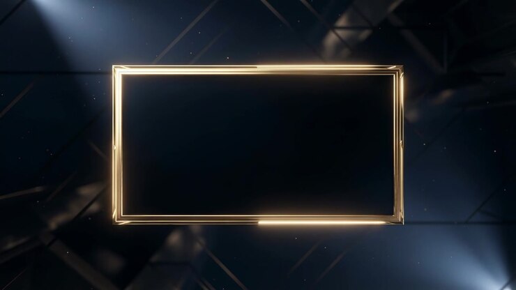 Glinting gold frame on stage as left-right spotlights rising, bottom bar widening for title reveal