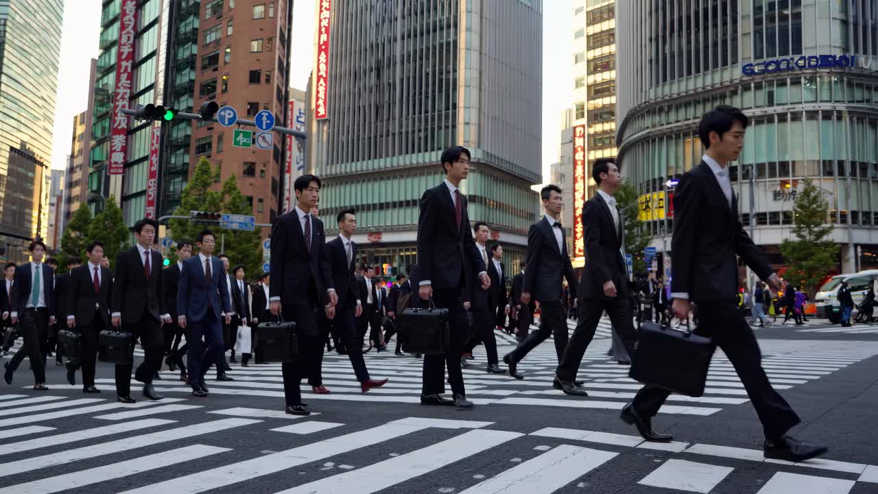 Low-angle video shot of business professionals crossing a bustling city street, capturing urban life