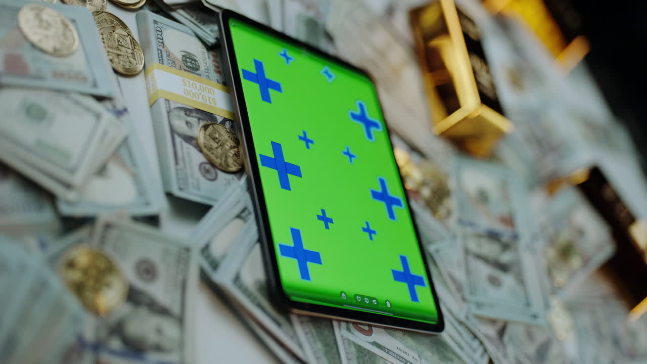 Tablet surrounded by money and gold