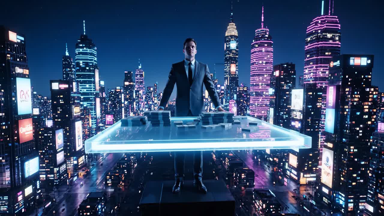 A wealthy businessman in a futuristic city surrounded by money