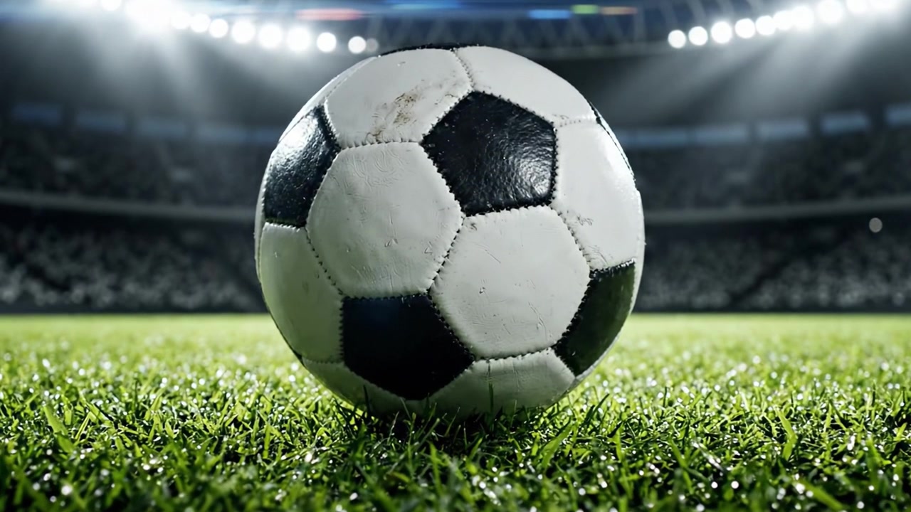 Eine dynamische Präsentation des Fußballs: Der ikonische schwarz-weiße Ball auf sattgrünem Rasen in einer mitreißenden Stadionatmosphäre festgehalten.