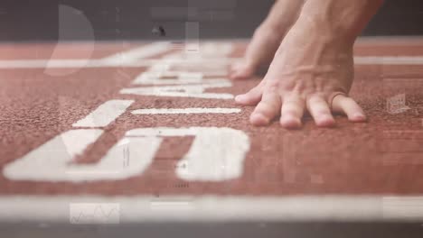 animation of statistics processing over male runner's hands on starting line of racing track