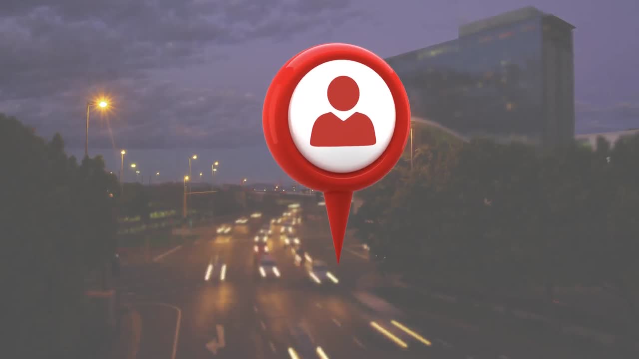 carretera ocupada y un icono de perfil con un alfiler de mapa