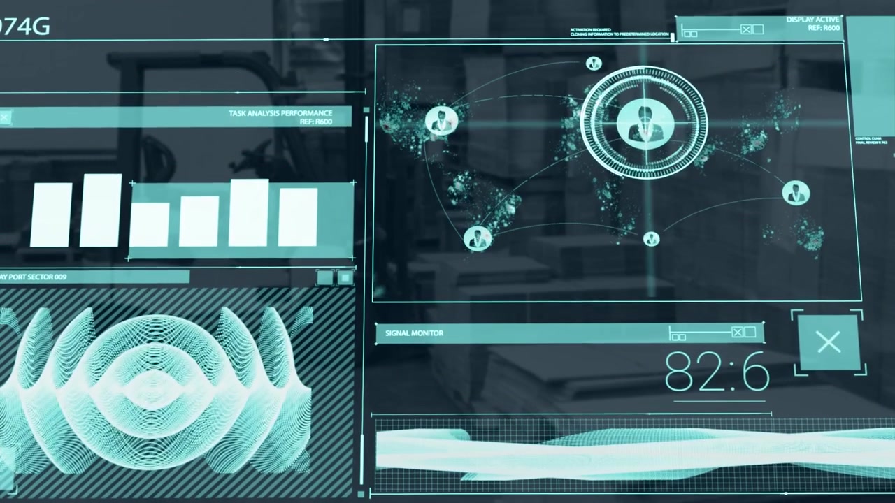 Animazione composita digitale che mostra l'elaborazione di rete e dati in un ambiente di fabbrica.