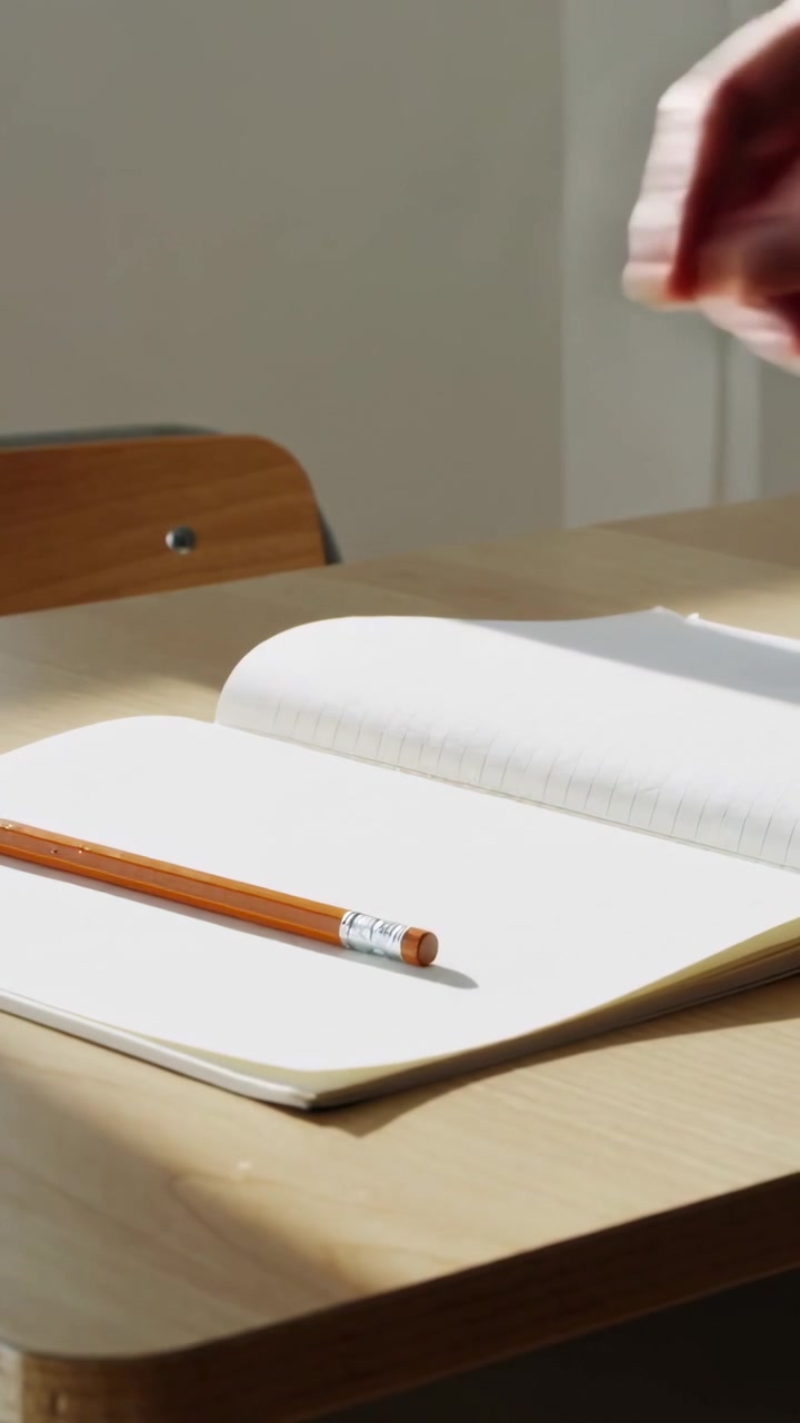 Video verticale: Mano destra che si allunga per posizionare una matita su un quaderno aperto sul tavolo, preparandosi a scrivere