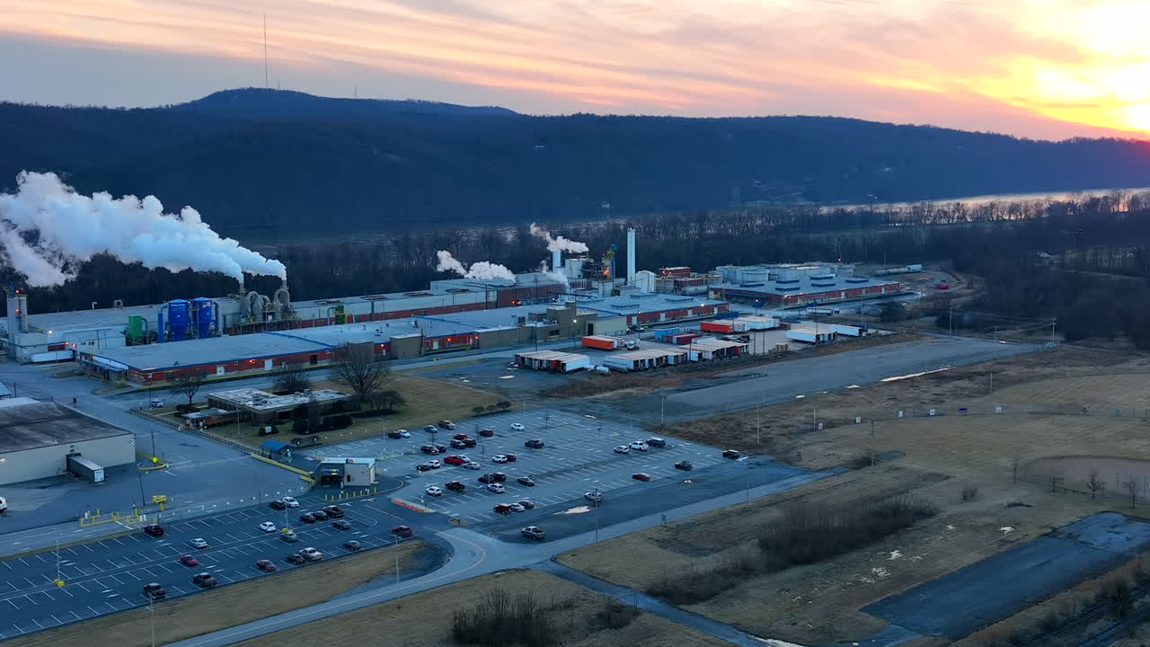 Aerial of large manufacturing plant factory in USA