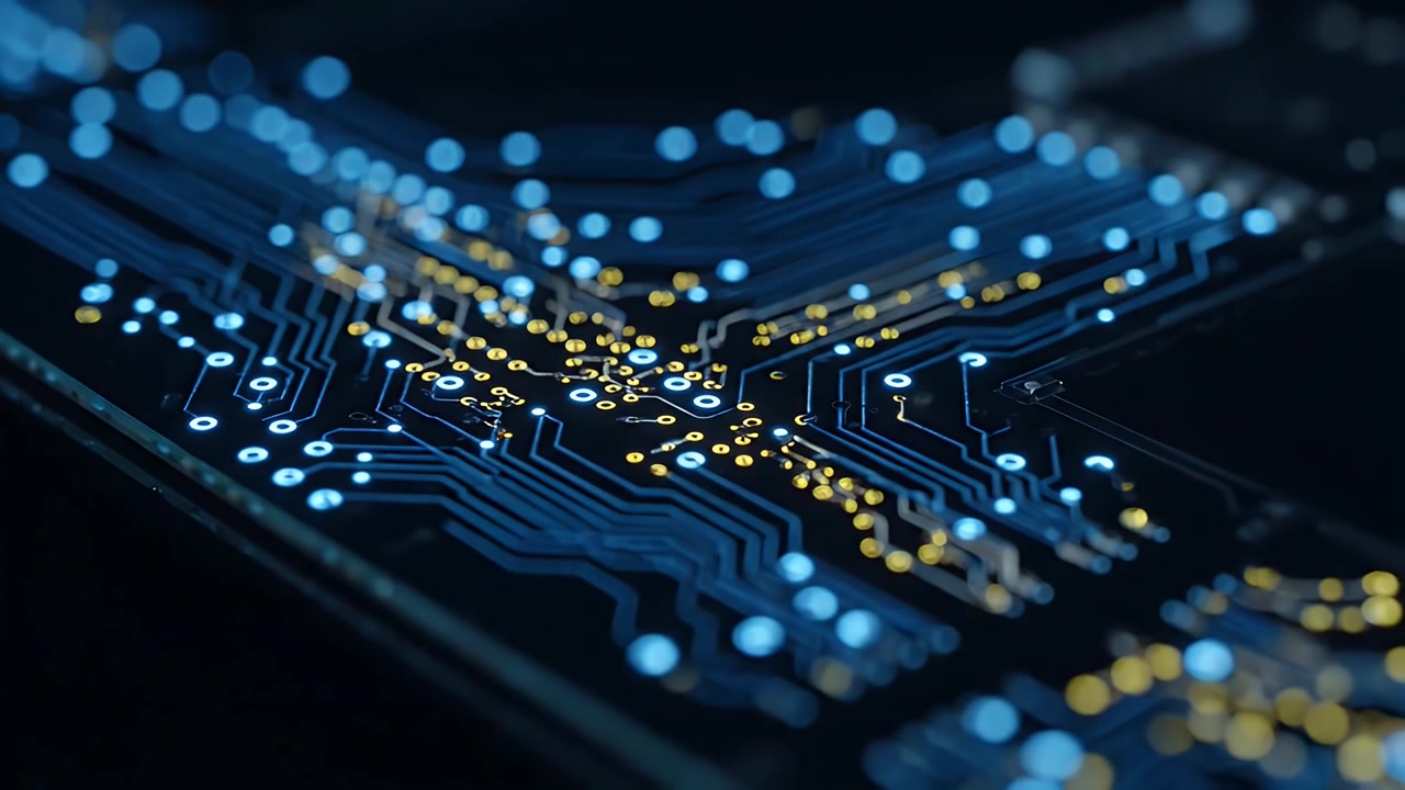 Digital Circuit Board with Glowing Data Flow