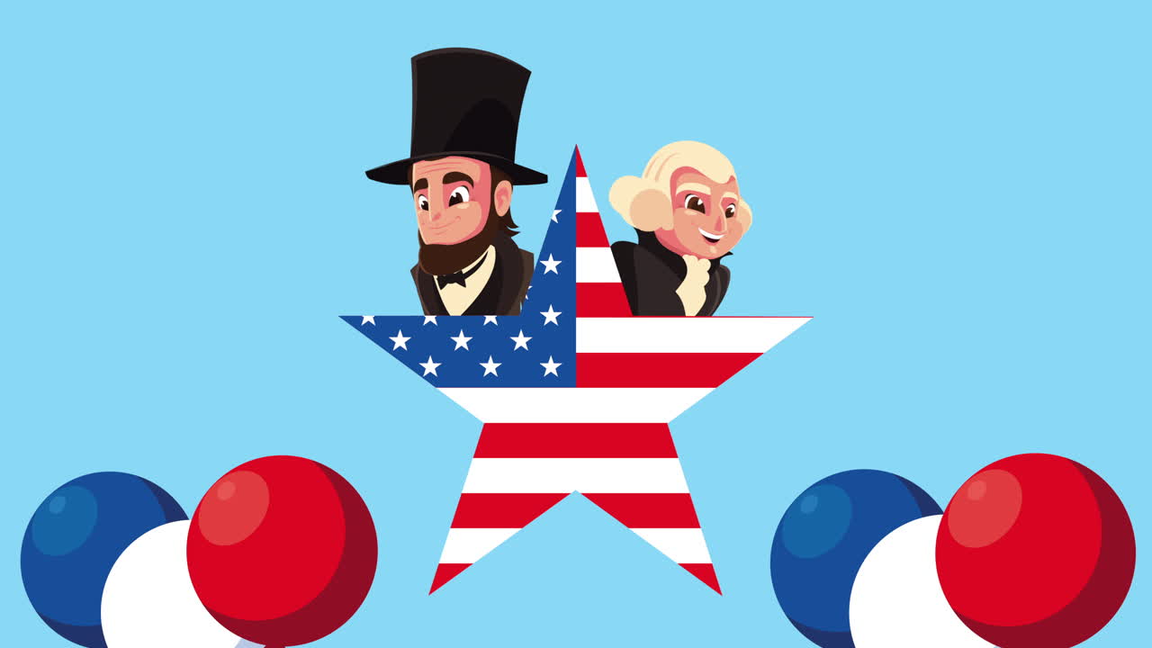 미국 대통령인 조지 워싱턴과 에이브러햄 링컨이 미국 발과 풍선과 함께