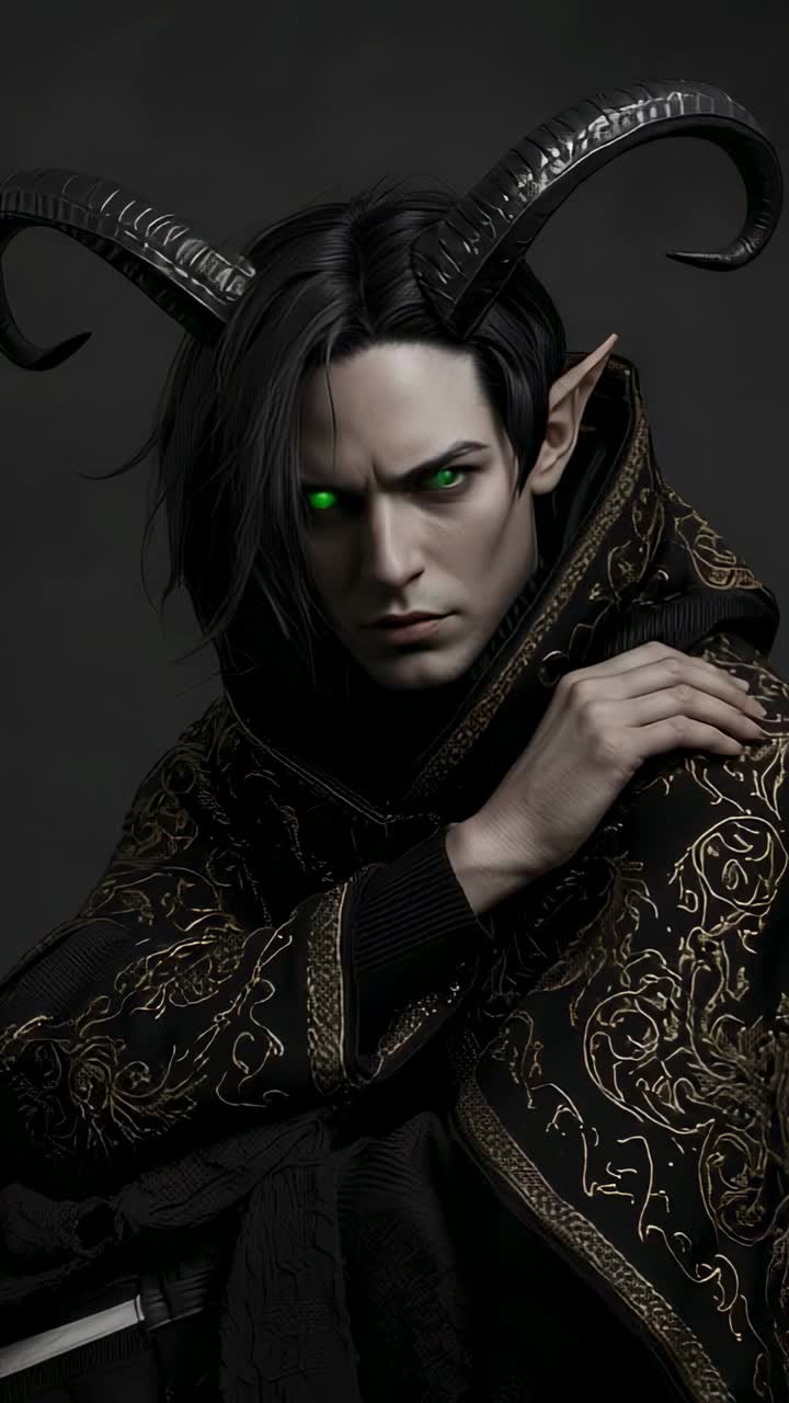 Vertical video: Standing curved-horn creature wearing ornate cloak in studio, glowing green eyes