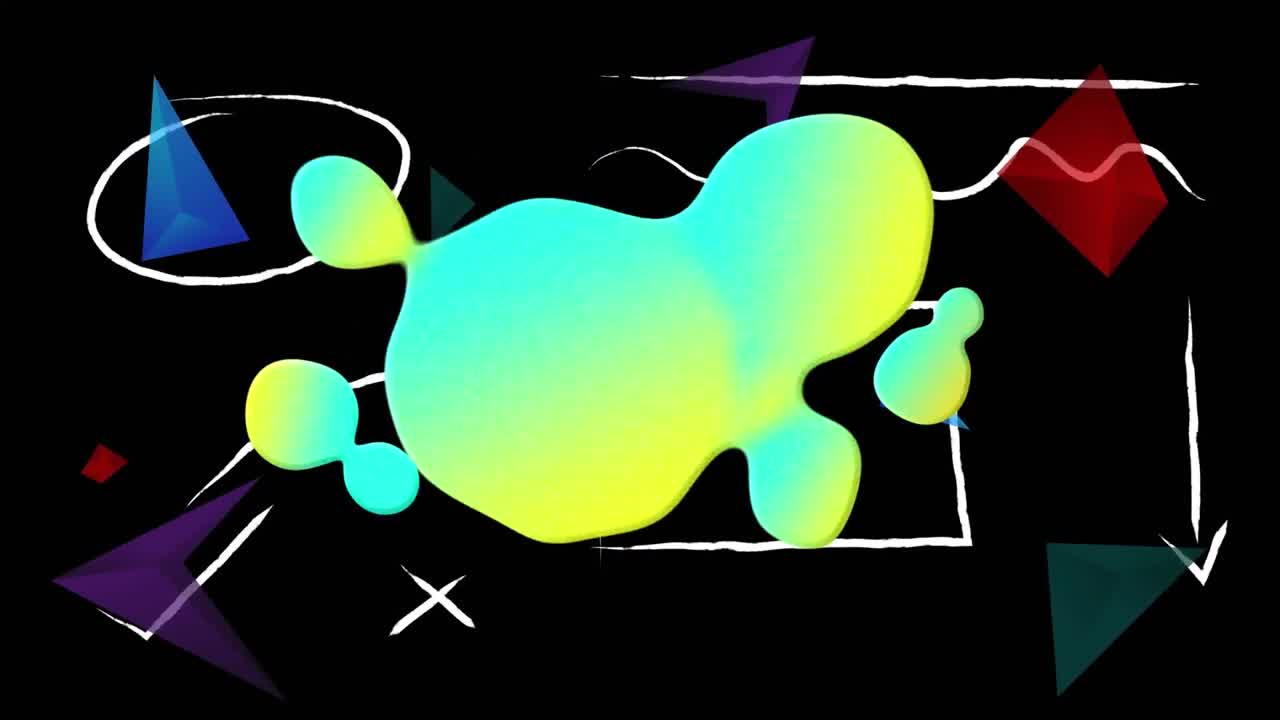 Digital animation of gradient wavy shapes against abstract colorful shapes on black background