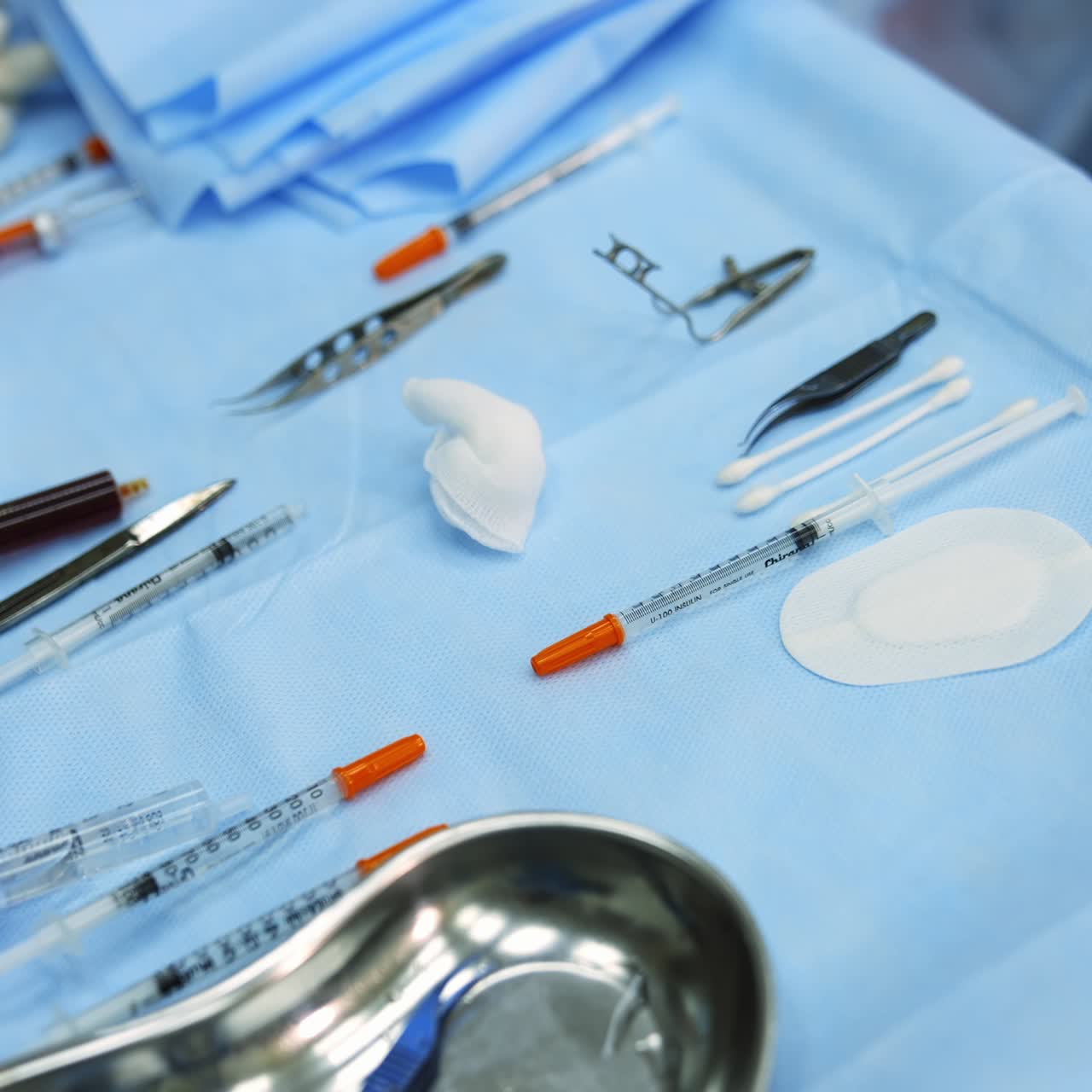 Medical tools in ophthalmology. Surgical instruments for vision correction. Sterile tools on the table in ophthalmic operating room