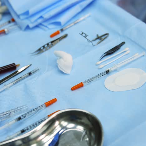 medical tools in ophthalmology. surgical instruments for vision correction. sterile tools on the table in ophthalmic operating room