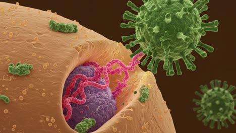 microscopic visualization of a virus invading a host cell, illustrating the intricate process of infection and cellular interaction in a detailed rendered environment