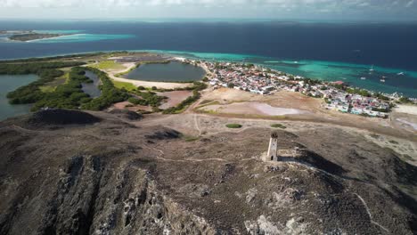 gran roque showing its lighthouse, village, lagoons, and surrounding coastline, aerial view