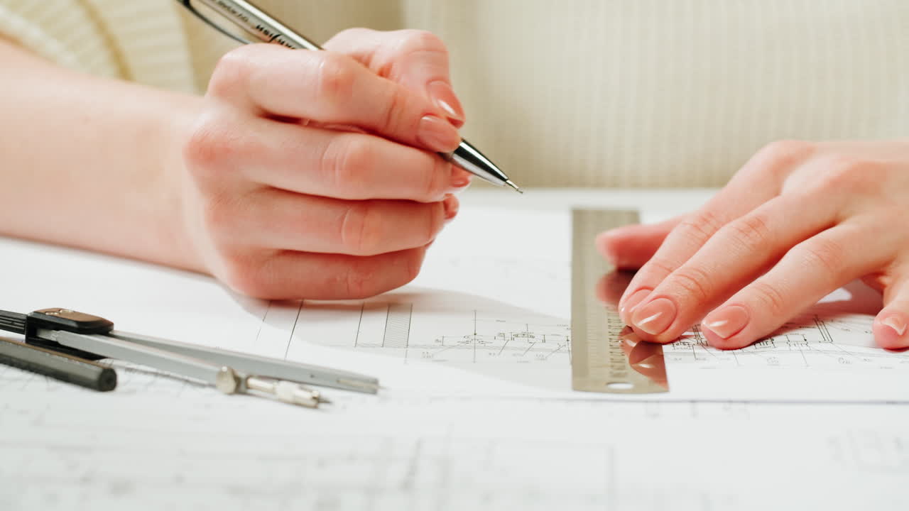 Close-up of hands drafting architectural or engineering plans with a ruler and pen
