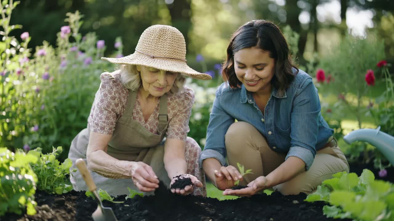 Demonstrating senior in straw-hat apron guiding adult planting seedling at garden bed, with trowel