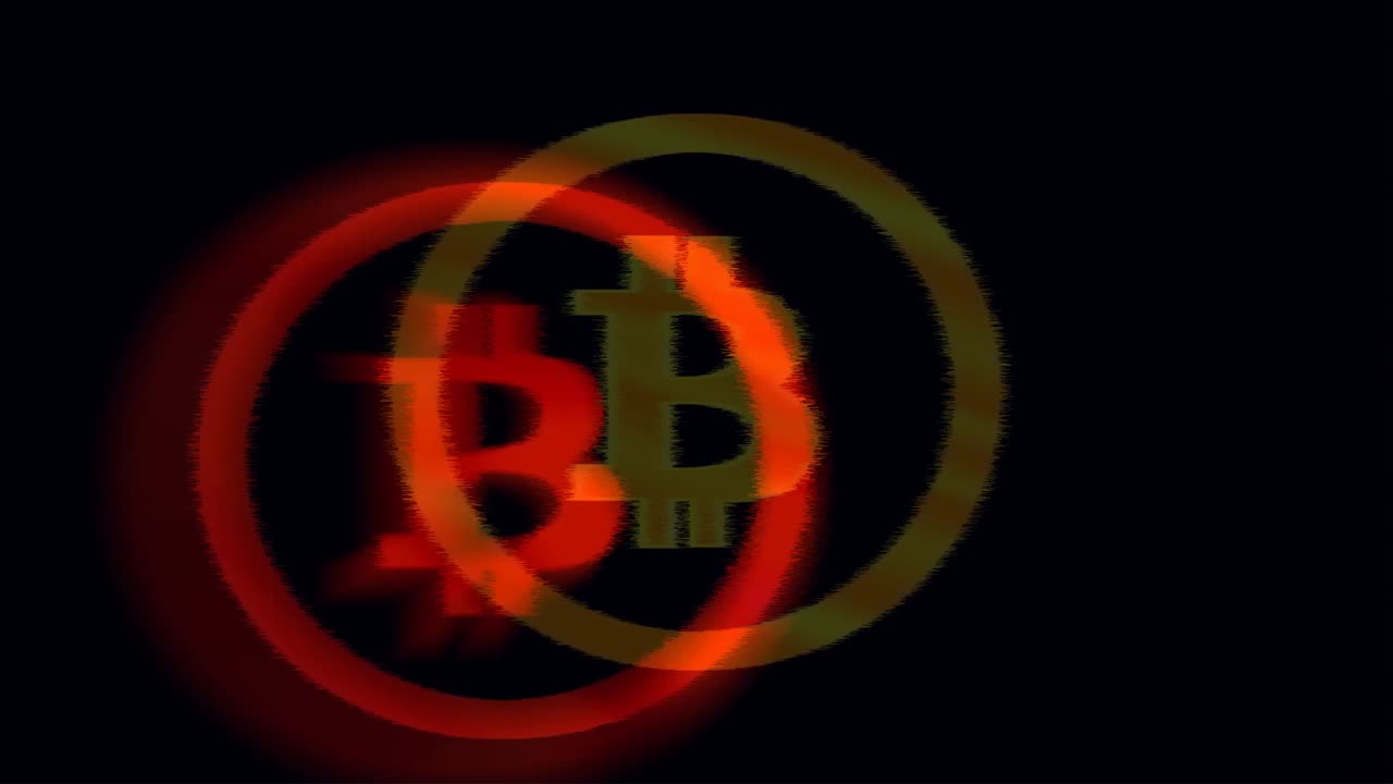 animación de bitcoin de color que brilla dinámicamente de un color a otro con efecto borroso. fallo digital en bucle.