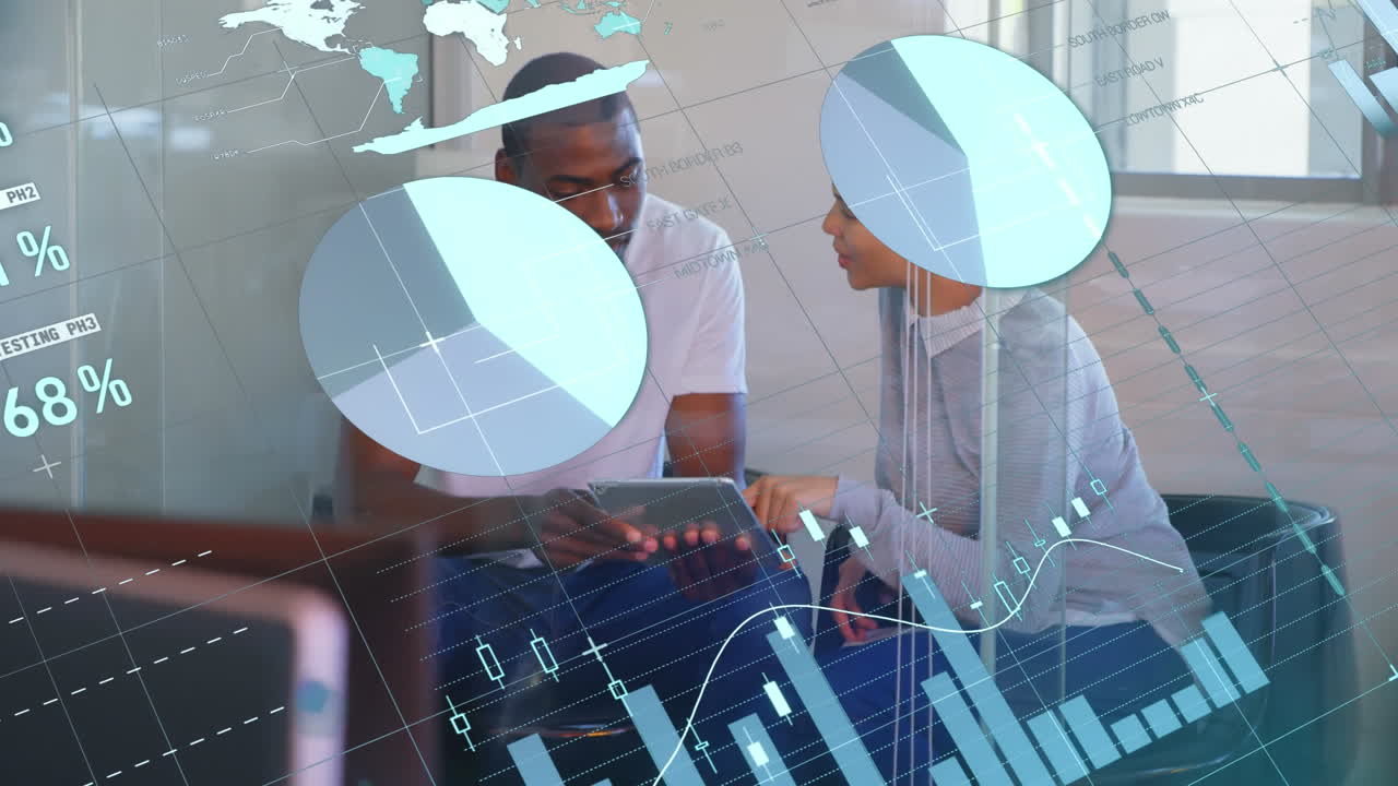 Animation of statistical data processing over diverse man and woman discussing over tablet at office