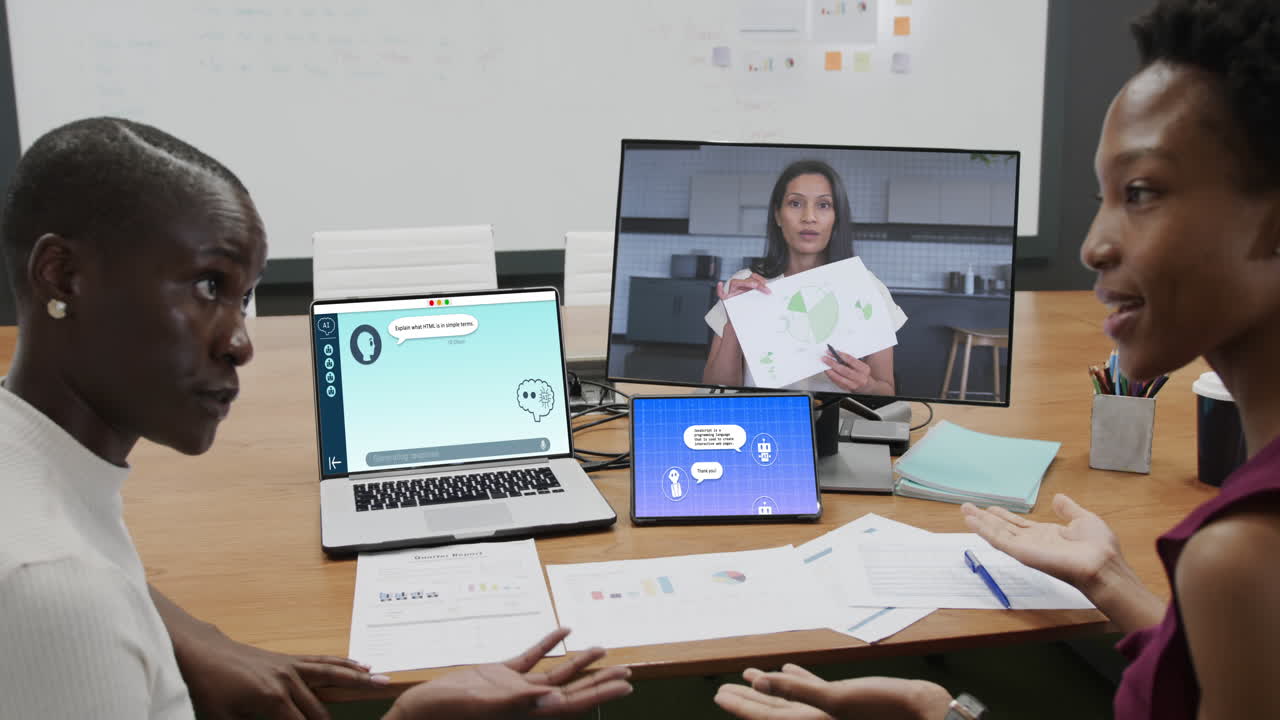 Composition of diverse women using laptop with ai chat on screen