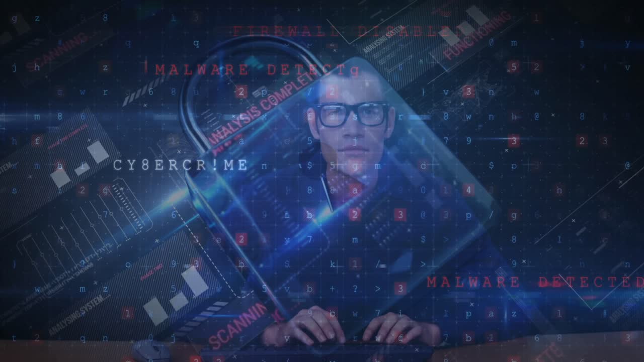 animación de números y letras cambiantes sobre un candado de seguridad en línea y un hombre usando una computadora