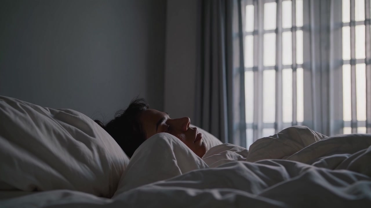 Ung kvinde sover fredeligt i seng om morgenen