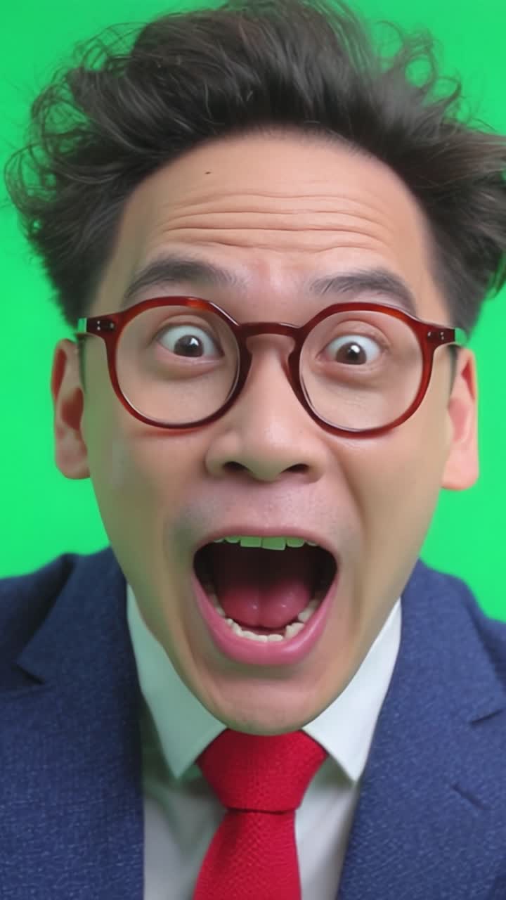 A joyful man with curly hair and glasses expresses excitement and happiness in front of a bright green backdrop, showcasing pure delight through his wide smile and enthusiastic demeanor