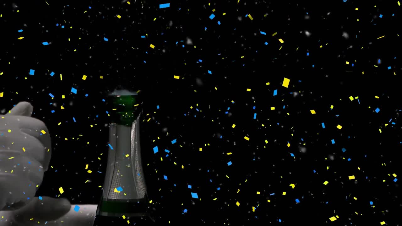 칸페티가 검은 배경에  ⁇ 페인 병을 여는 사람의 중간 부분에 떨어집니다.