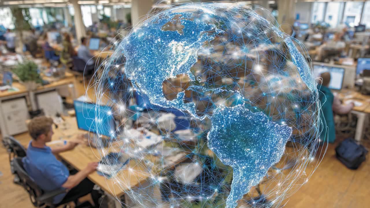 Digital Connectivity: An Overview of a Modern Workspace Where Telecommunication and Global Networking Converge in an Office Environment with Active Employees