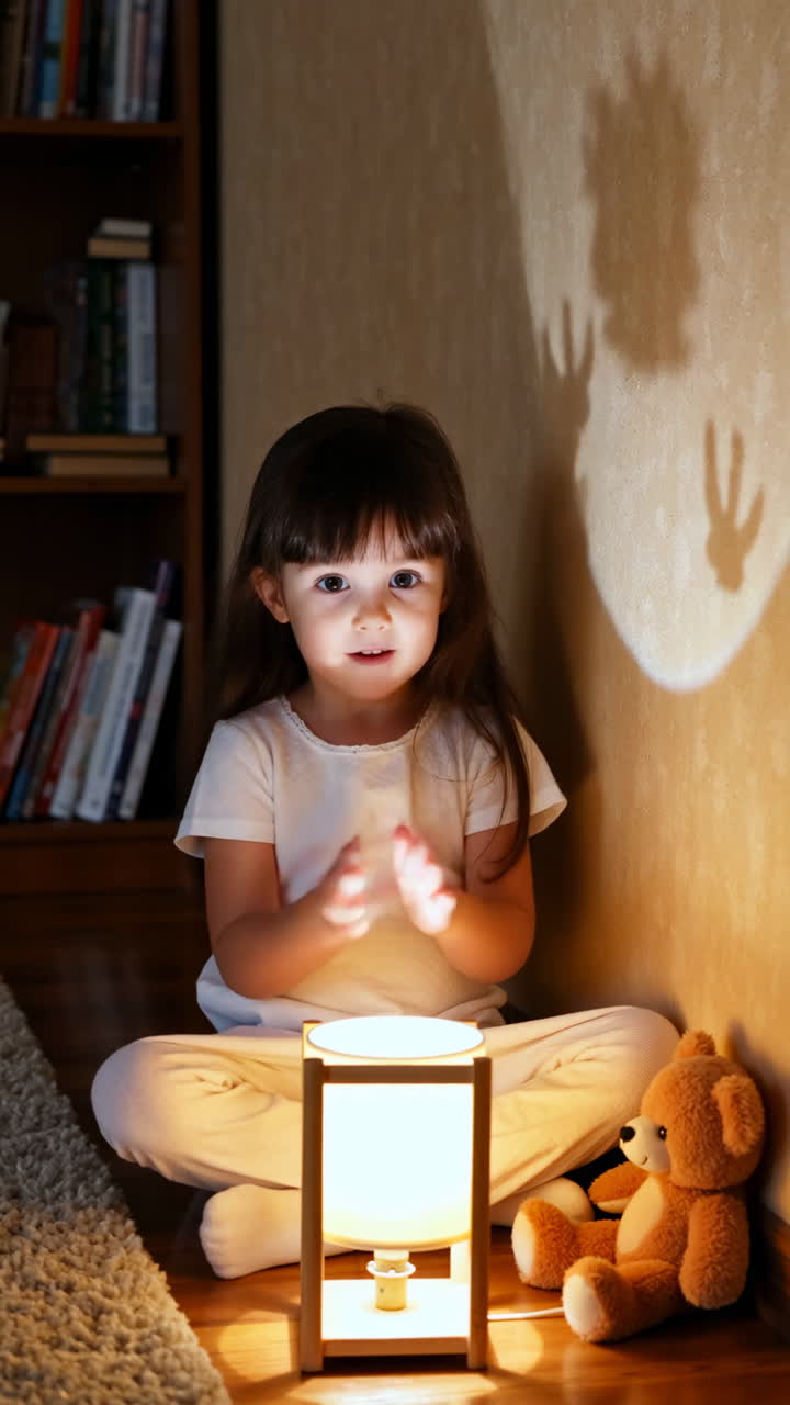 Little Girl Playing with Hand Shadows Using a Lamp and Her Teddy Bear