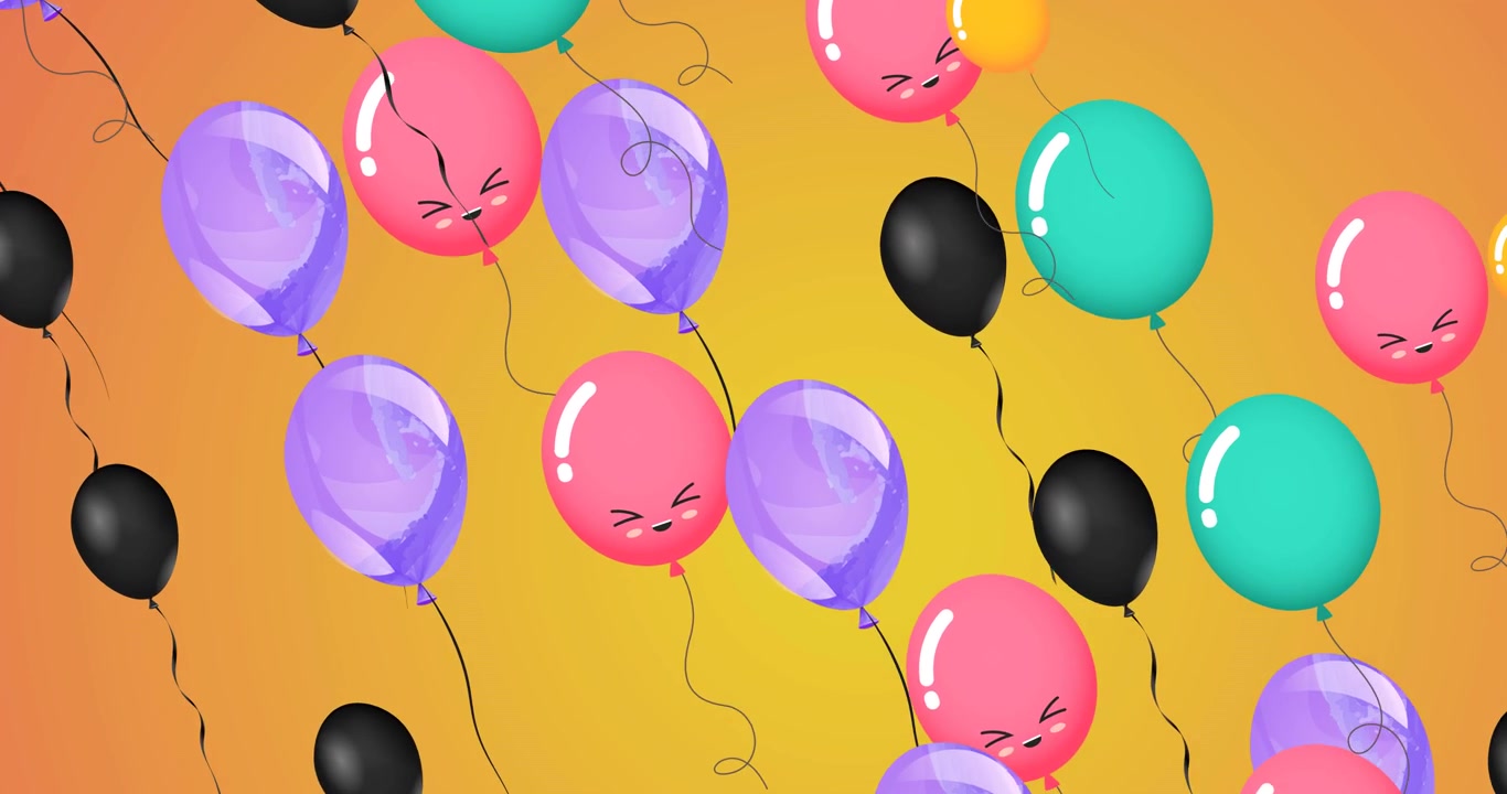 Animazione di palloncini colorati con volti che volano su sfondo arancione