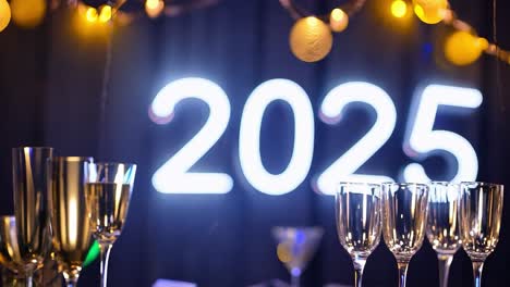 champagne glasses stand gleaming on a table set for a new year's eve party, with the year 2025 glowing in the background