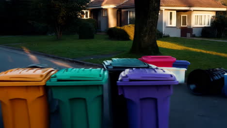 colorful garbage cans on a residential street at sunset