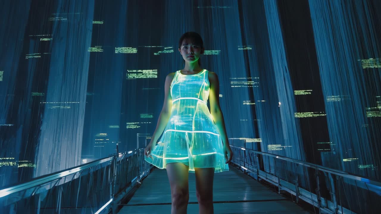 Woman in a Glowing Futuristic Dress in a Cyberpunk Setting
