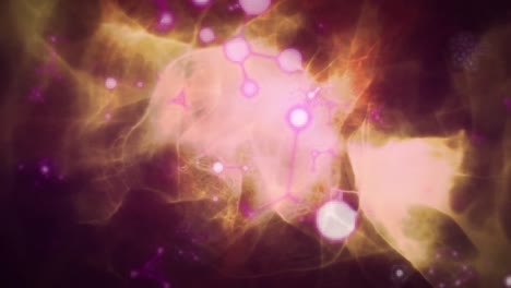 animación de nucleótidos flotantes sobre un patrón abstracto iluminado en el fondo