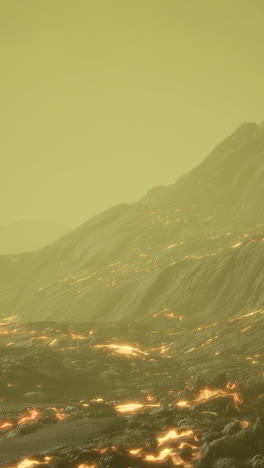 Volcanic landscape under an eerie sky glowing with molten lava flow