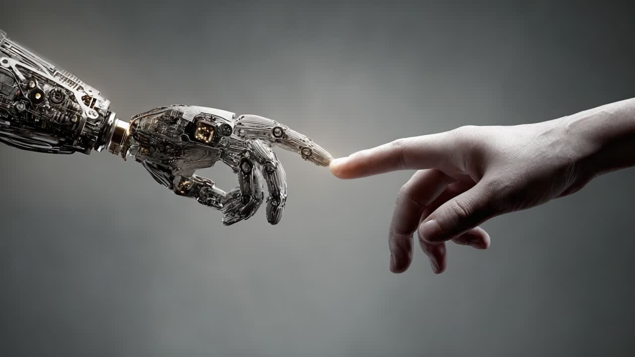 An Intriguing Moment of Connection: The Intersection of Humanity and Technology Captured in a Striking Visual of a Robotic Hand and a Human Hand Reaching Out to One Another