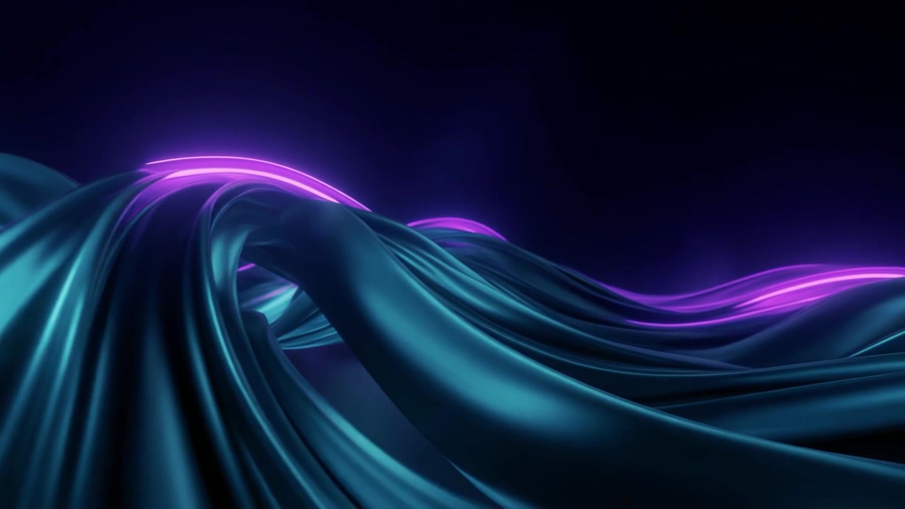 Abstract 3D Animation of Flowing Teal Fabric with Glowing Purple Neon Lines