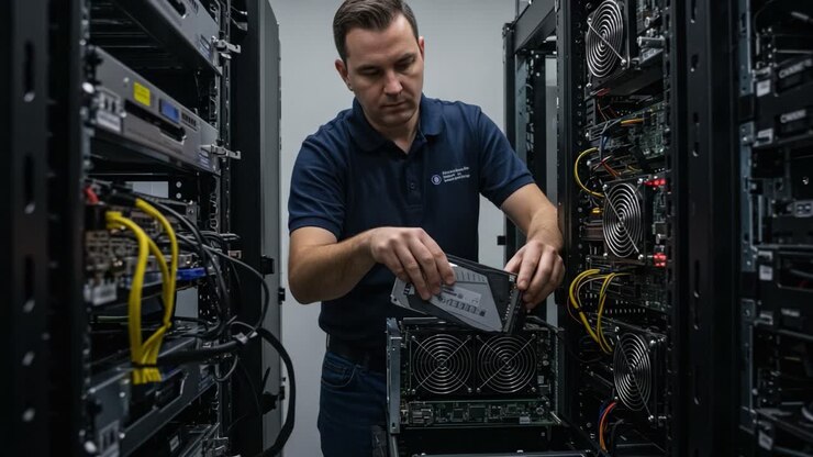 Data Center Technician Performing Maintenance on Server Hardware, Installing and Removing Components in a High-Tech Server Rack Environment