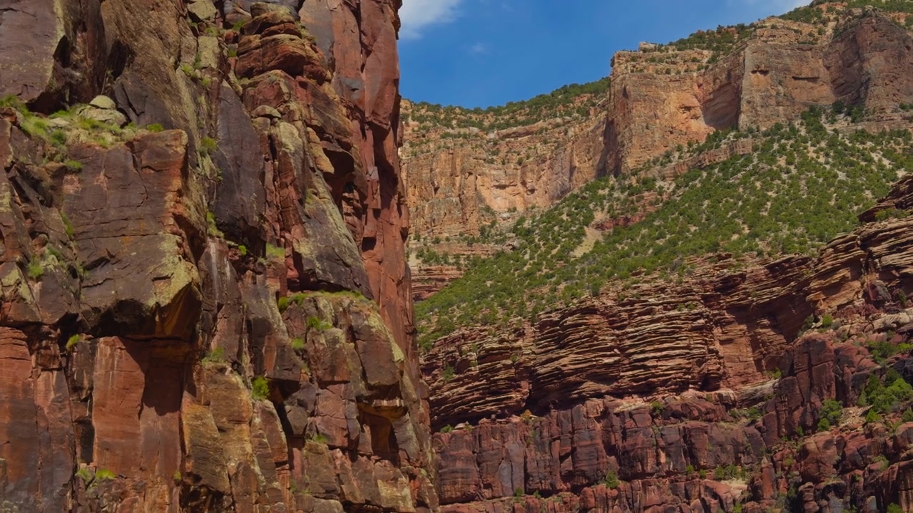 Scogliere colorate del canyon e pendii verdi rivelano la geologia della valle del fiume Yampa, esperienza di pack rafting nel backcountry.